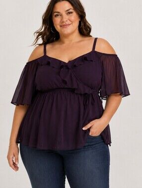Torrid Cold Shoulder Purple Ruffle Chiffon Blouse Adjustable Shoulder Straps 0X